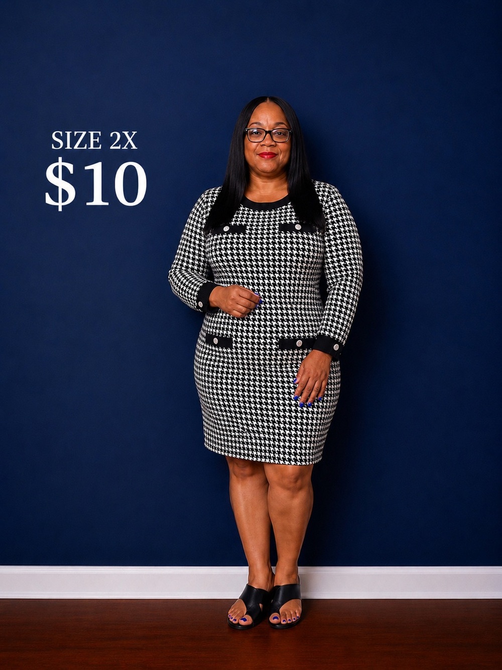 Houndstooth Long Sleeve Sheath Dress - Black & White